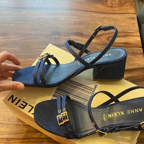 Anne Klein Navy Heeled Sandals with Gold Accents - Picture 7 of 7